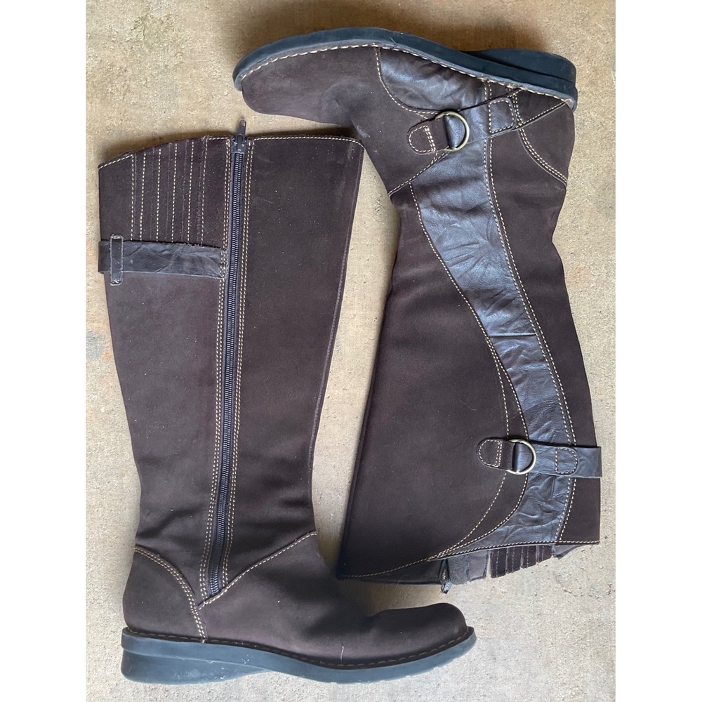 Clarks Womens 9M Brown Suede Leather Tall Riding Boots Buckle Zip 62816